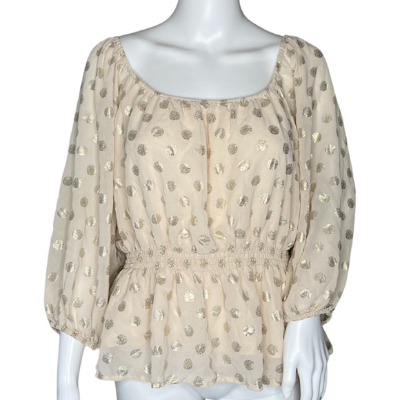 Mi Ami Shirt Womens Large Cream Shimmer Polka Dots Peplum Boho Bohemian Casual - Picture 1 of 10